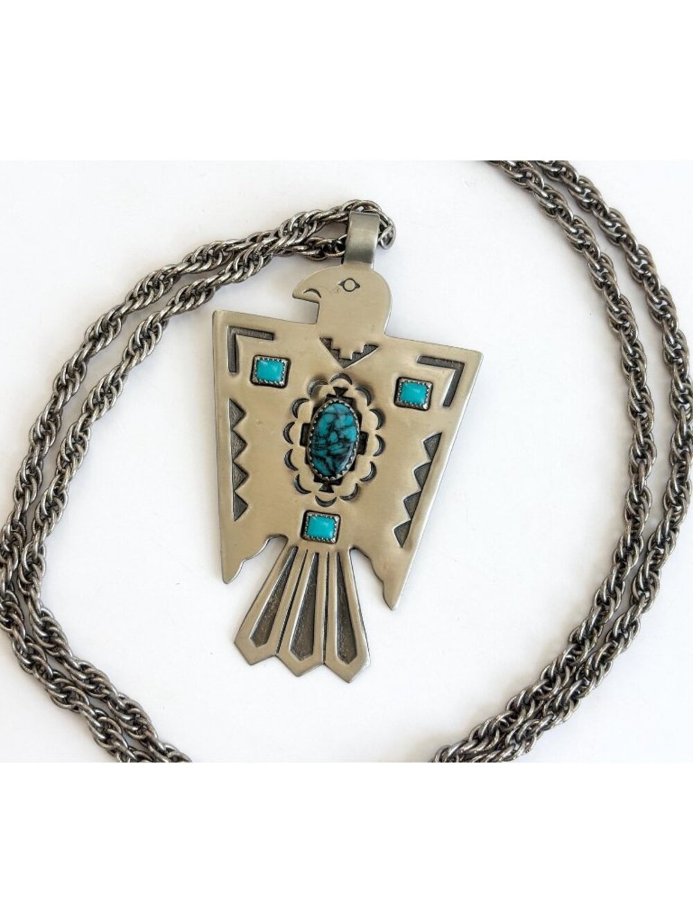 Nickel Silver Thunderbird w/ Turquoise Bell Trading Vintage Pendant Necklace